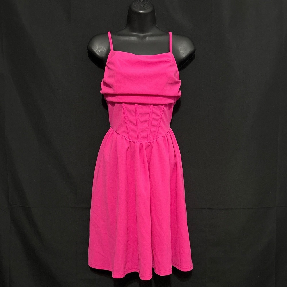 Hot Pink Corset Cowl Neck Skater Mini Dress‎ S 4 Barbiecore Dainty Fem